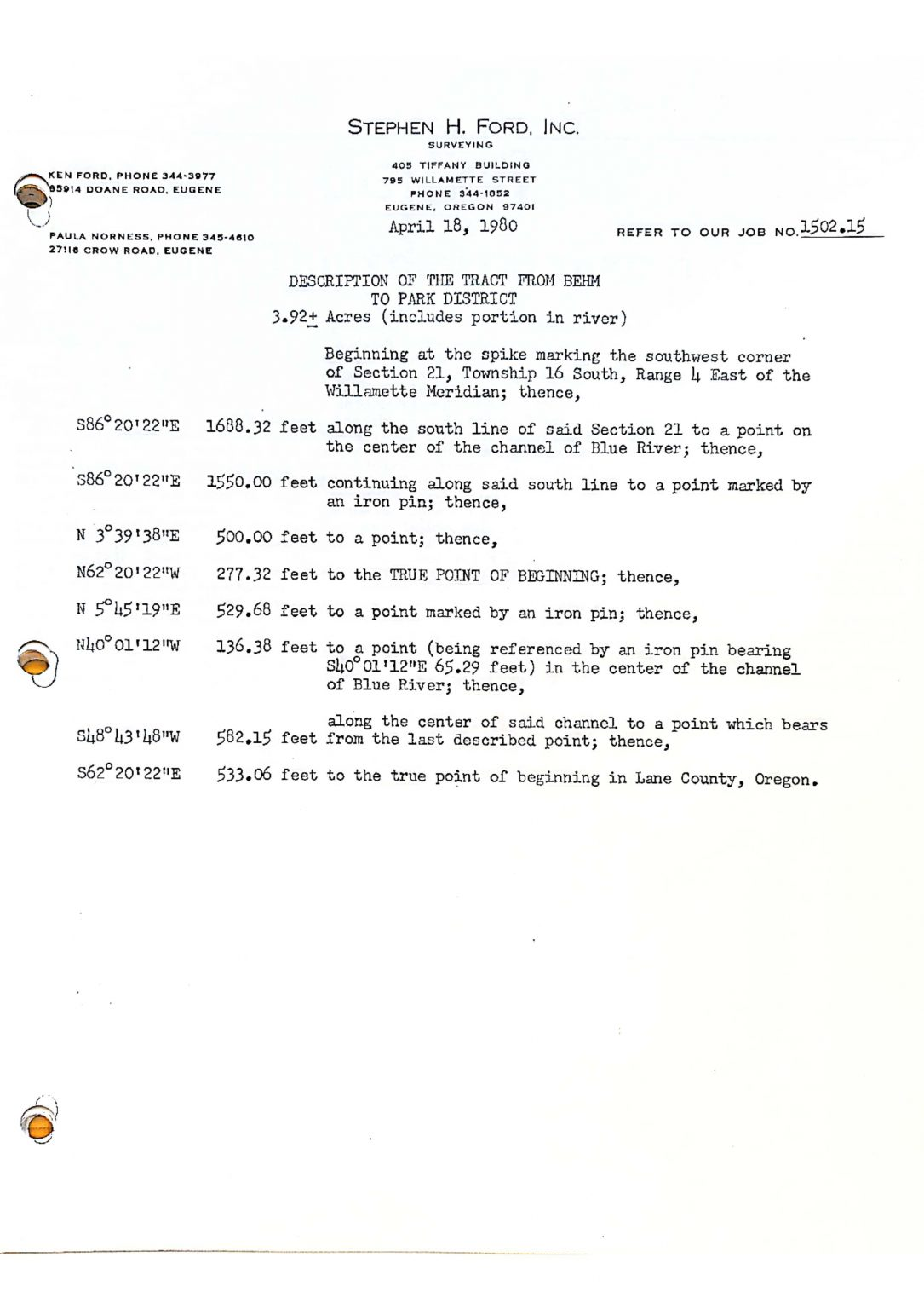 A legal land survey description document from Stephen H. Ford, Inc., dated April 18, 1980.