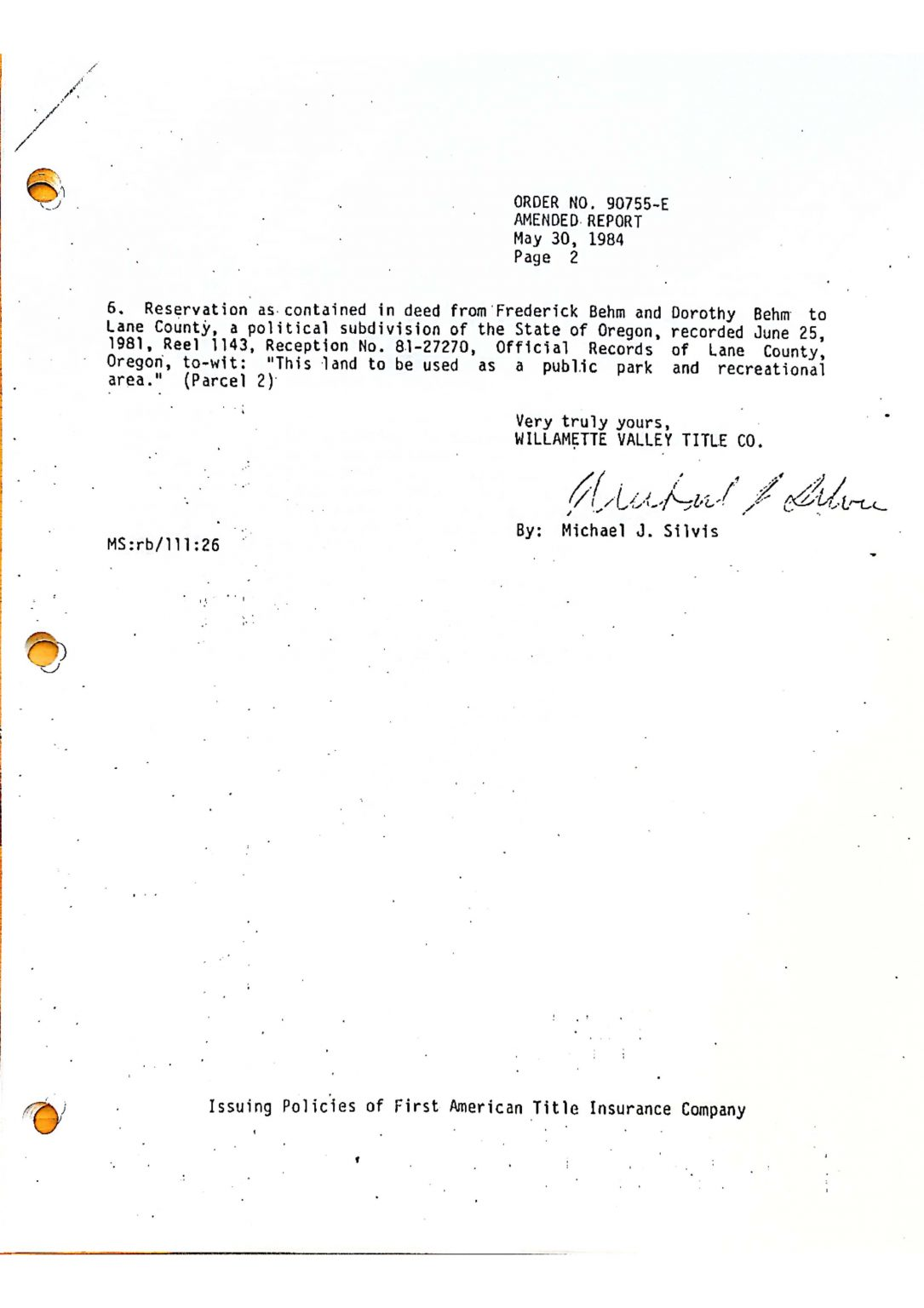 A document from Willamette Valley Title Co., detailing a reservation clause from a deed for land intended as a public park.
