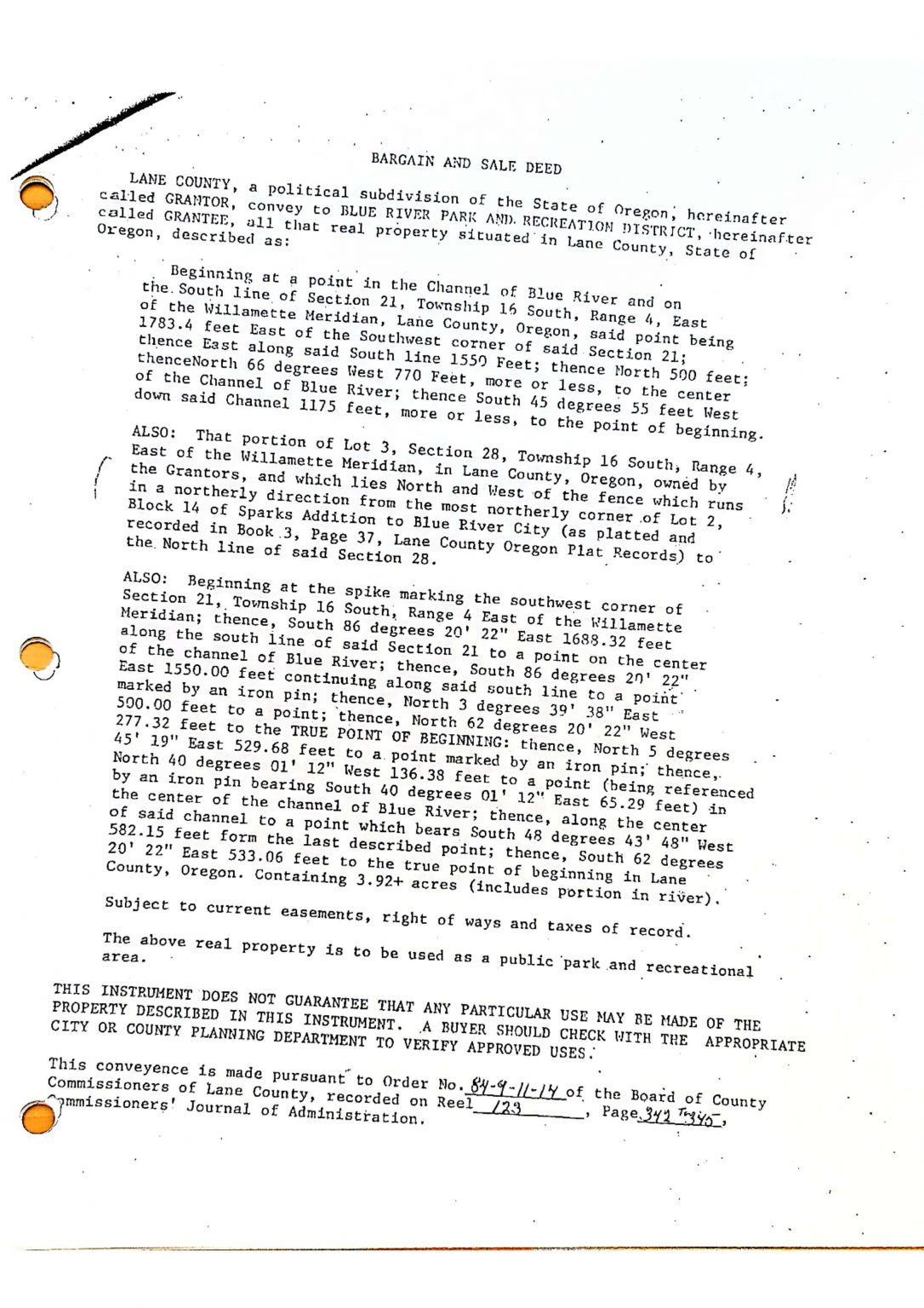 A legal document titled "BARGAIN AND SALE DEED" for property in Lane County, Oregon, with detailed descriptions of land boundaries.