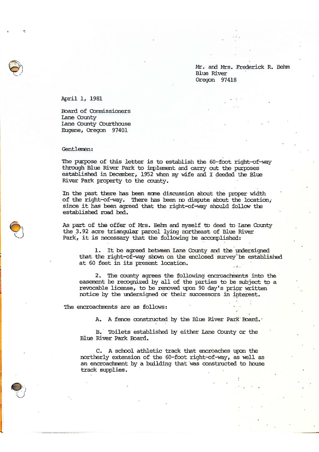 1981 letter about establishing a 60-foot right-of-way through Blue River Park and addressing encroachments related to fencing, toilets, and a track.
