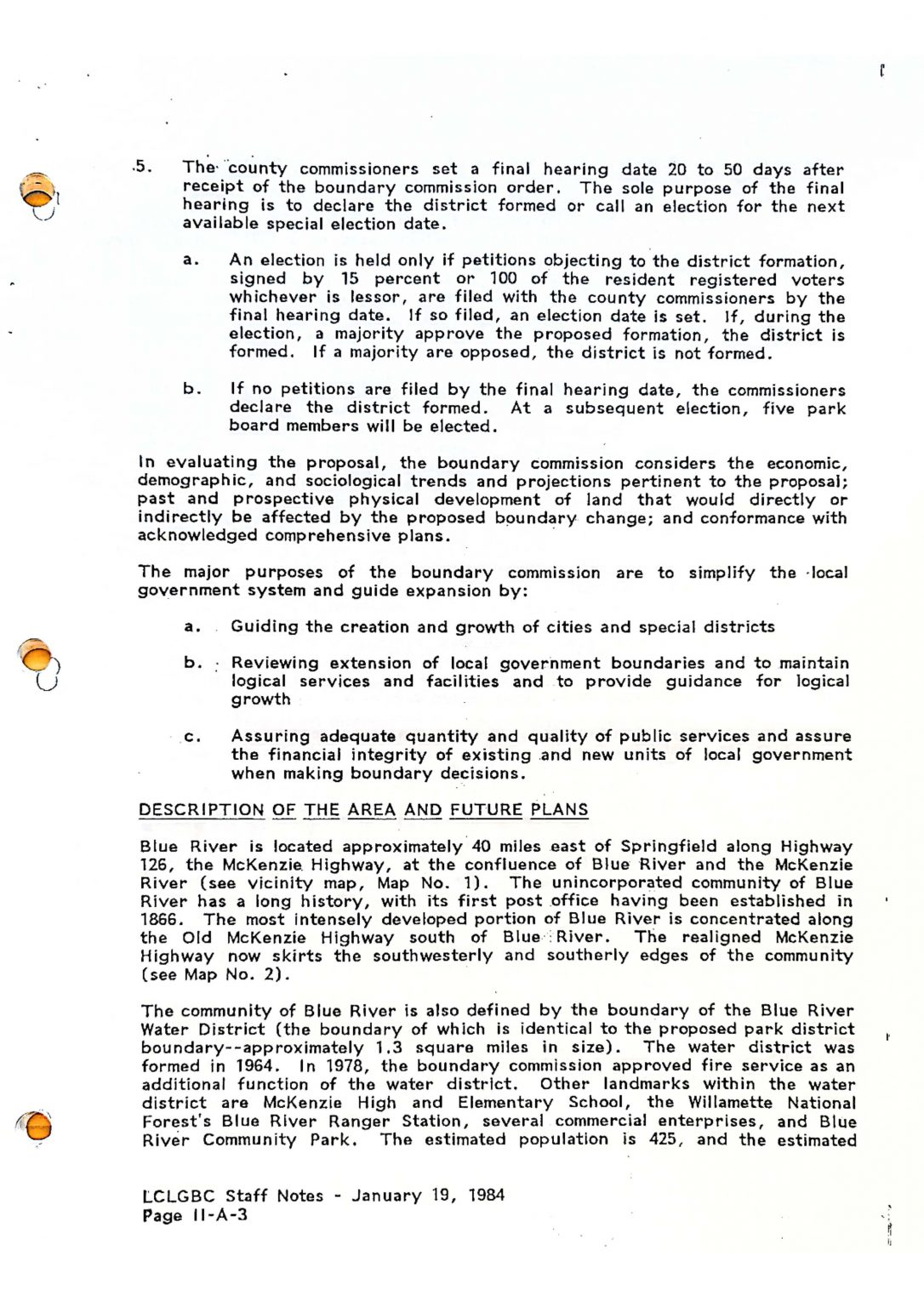 Document detailing procedures for setting up government districts and describing the Blue River area's location, history, and future plans.