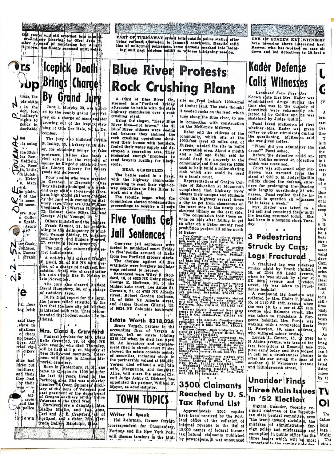 An image showing various newspaper articles, with headlines such as "Blue River Protests" and "Five Youths Get Jail Sentences."