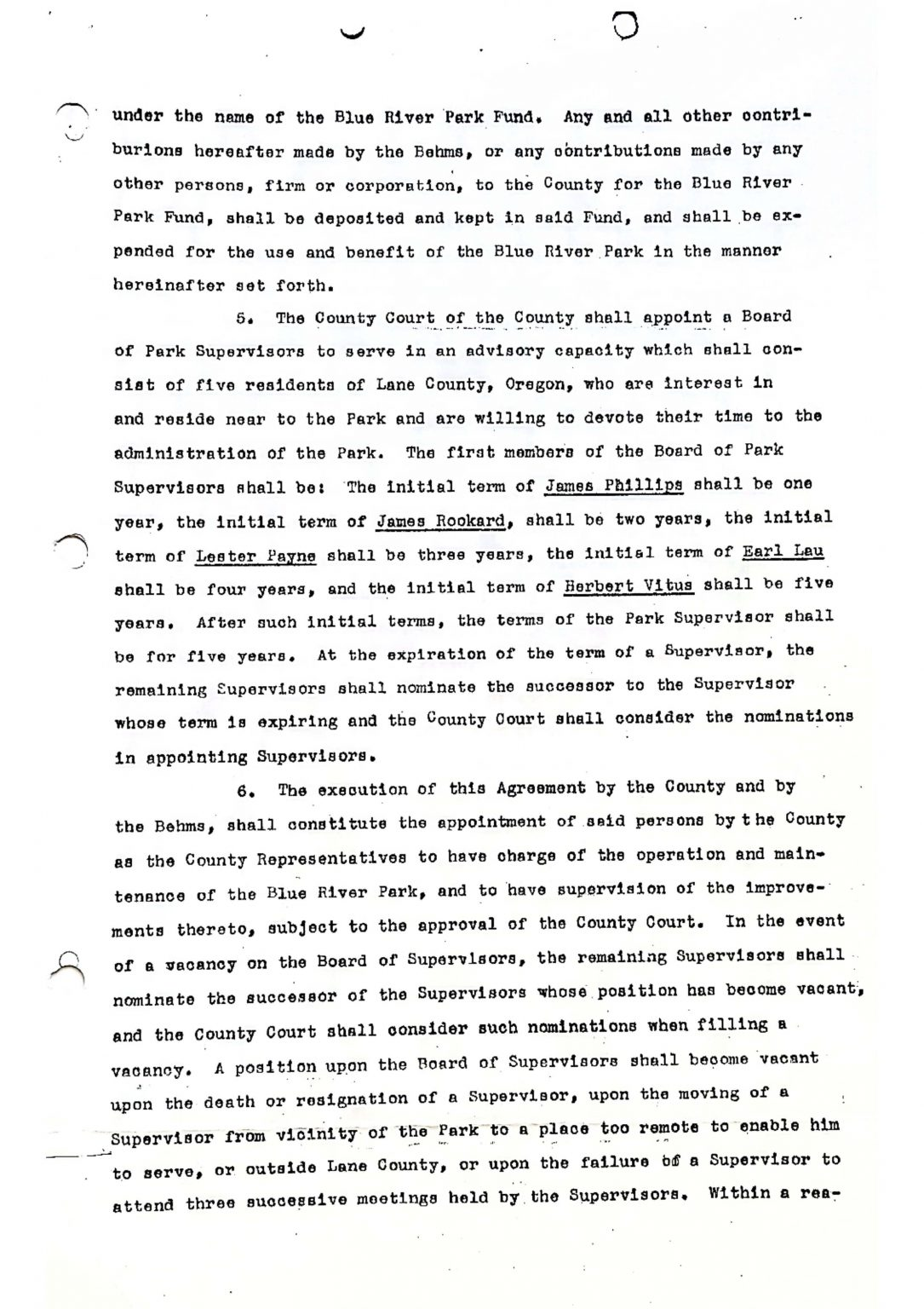 The image shows a text document related to the Blue River Park Fund and the appointment of a Board of Park Supervisors.
