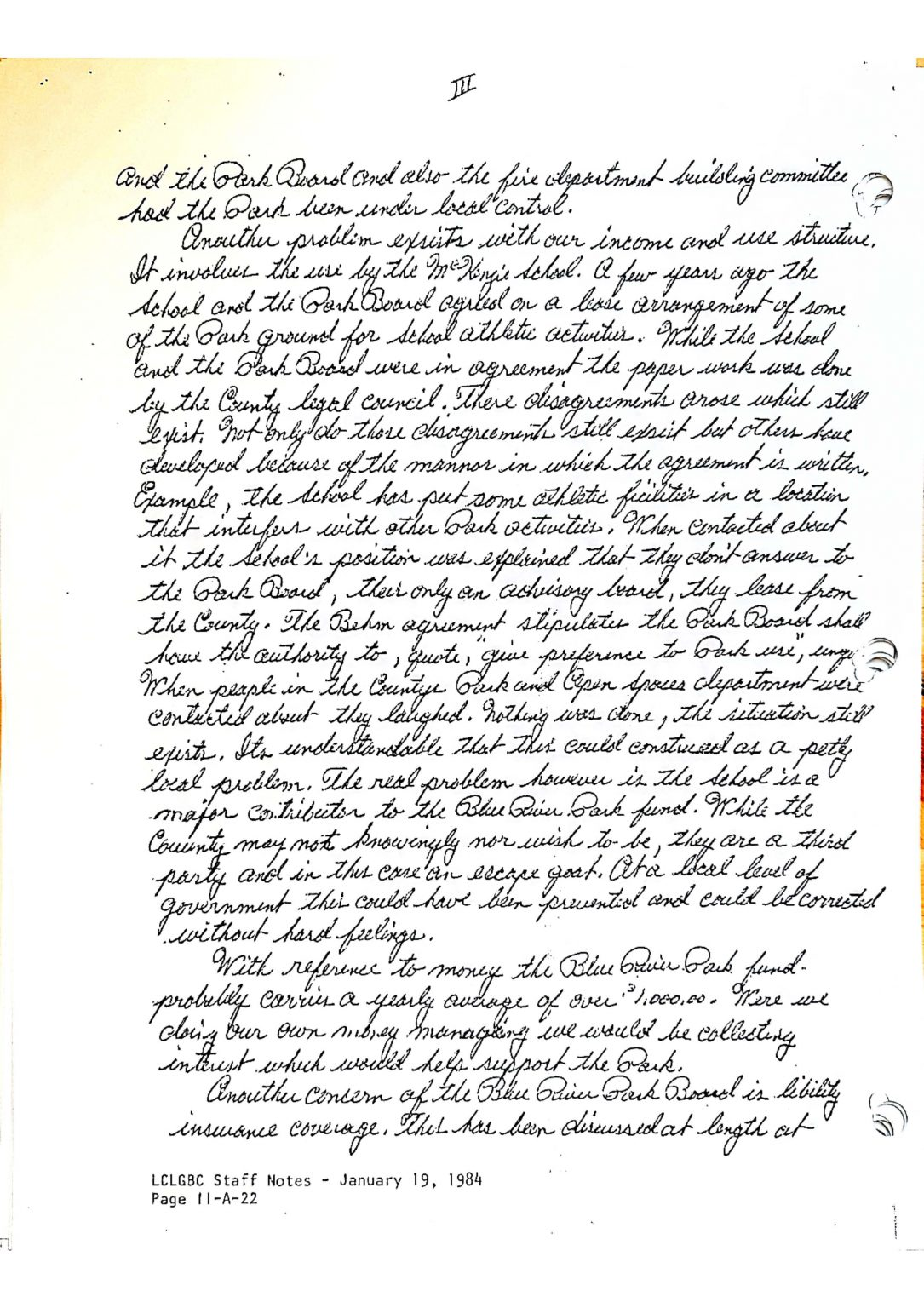 Handwritten page discussing matters related to a park board, budget, and disagreement with the county council. Dated January 19, 1984.