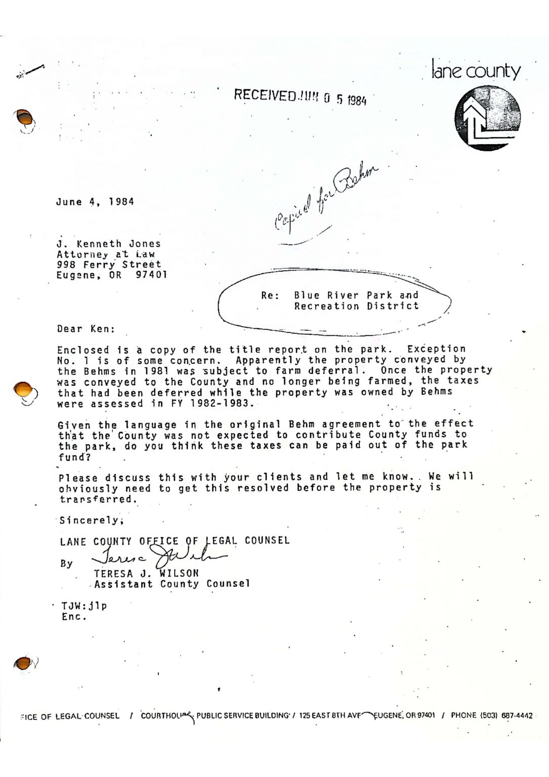 1984 legal correspondence regarding Blue River Park & Recreation District, addressing property tax concerns for transferred land.