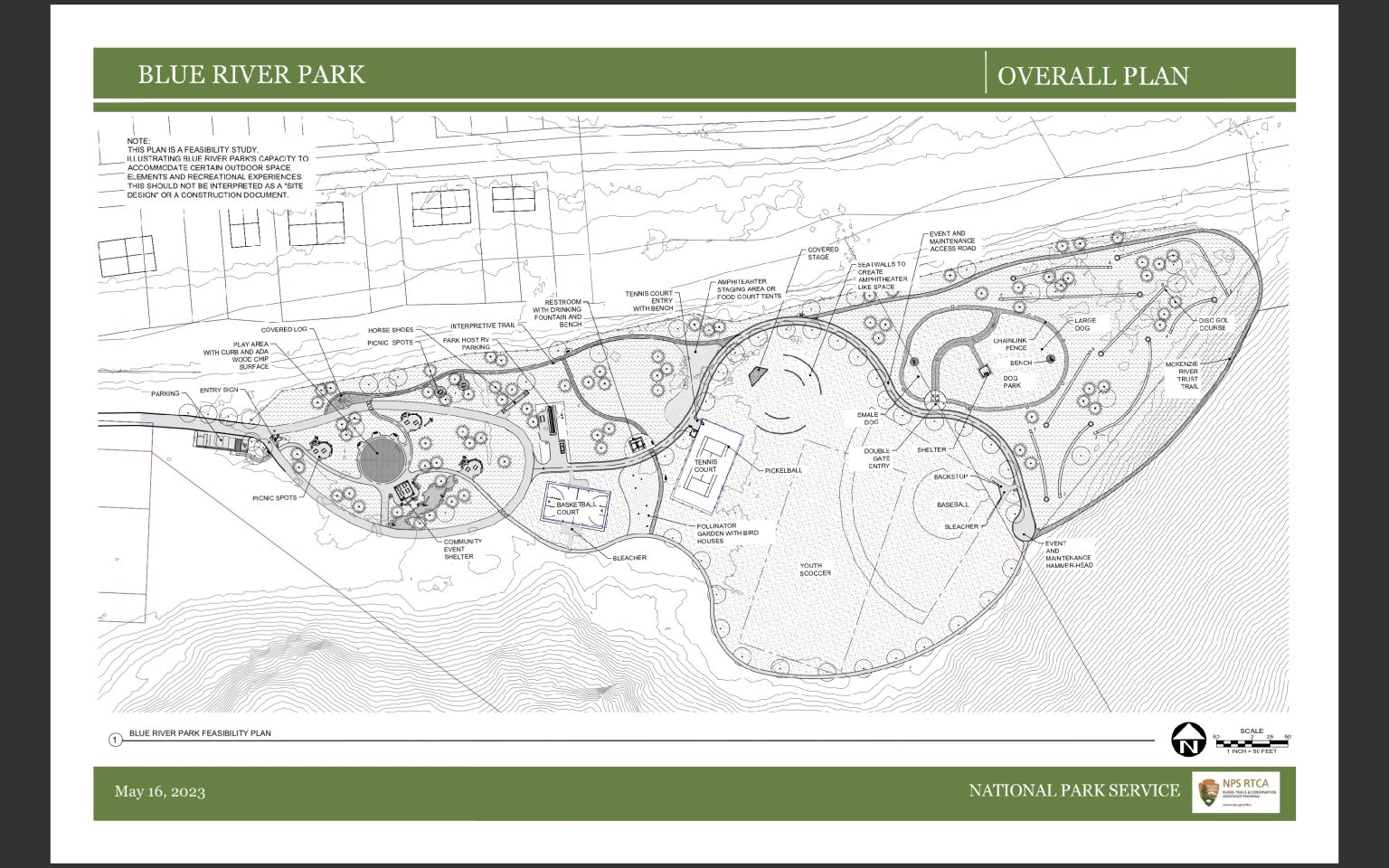A technical drawing showing the overall plan for Blue River Park.