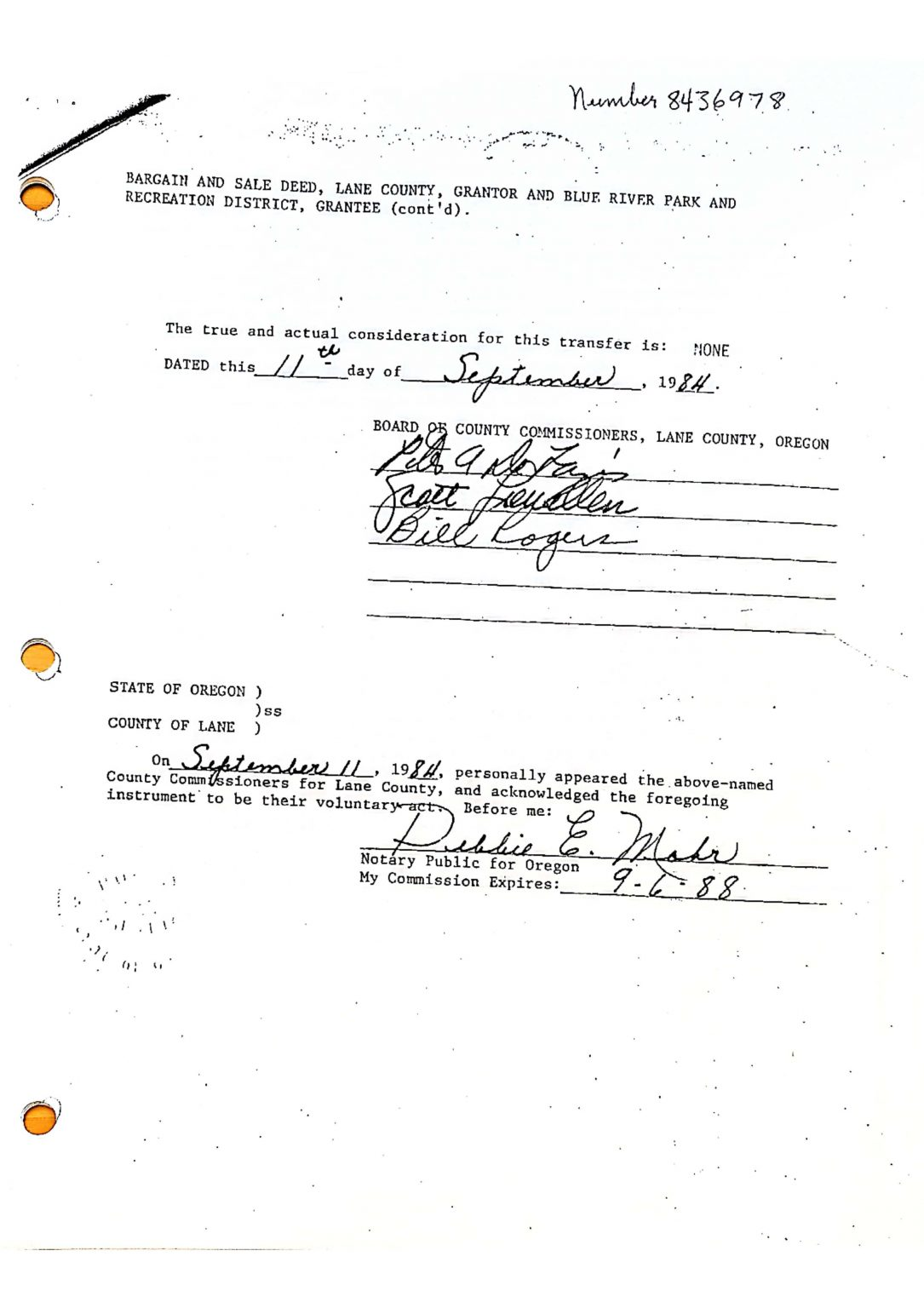 A document titled "Bargain and Sale Deed" from Lane County. Contains signatures and dates, indicating a legal transaction.