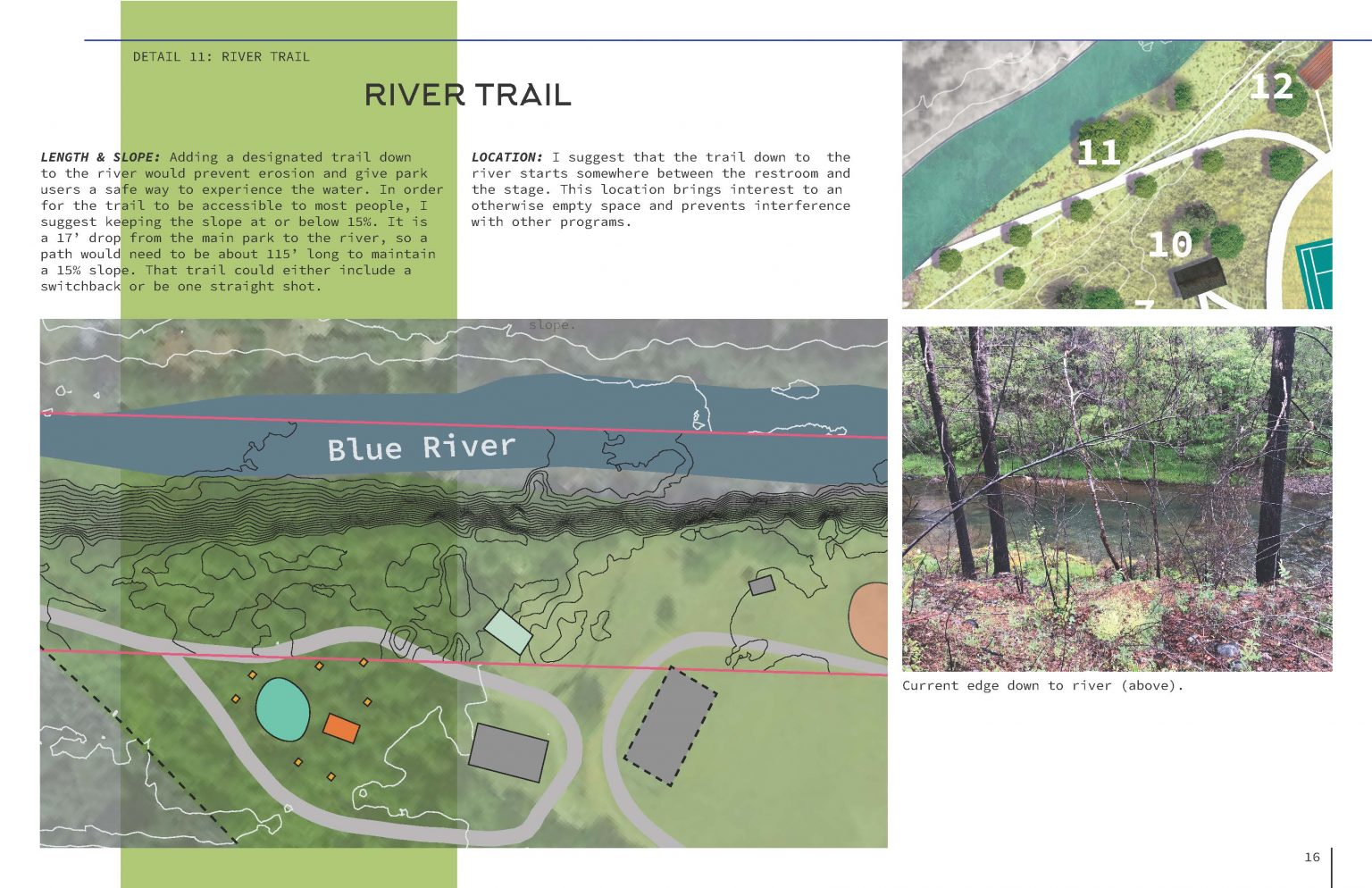 A presentation slide proposing a river trail design with text, a map, location numbers, and a photo of the current river edge.