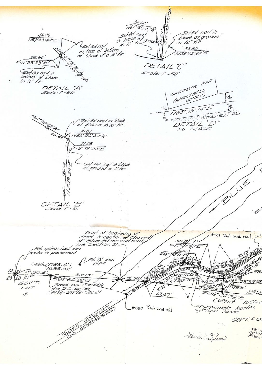 Annotated engineering or survey drawing with coordinates and details, showing a section near the "Blue River".