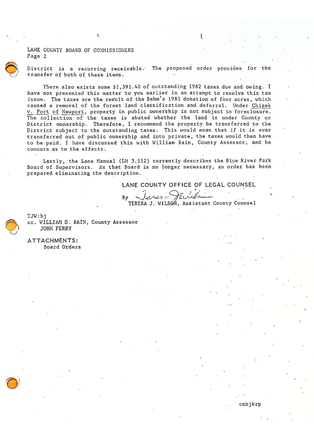 A typed document from Lane County Office of Legal Counsel regarding tax issues and property ownership.