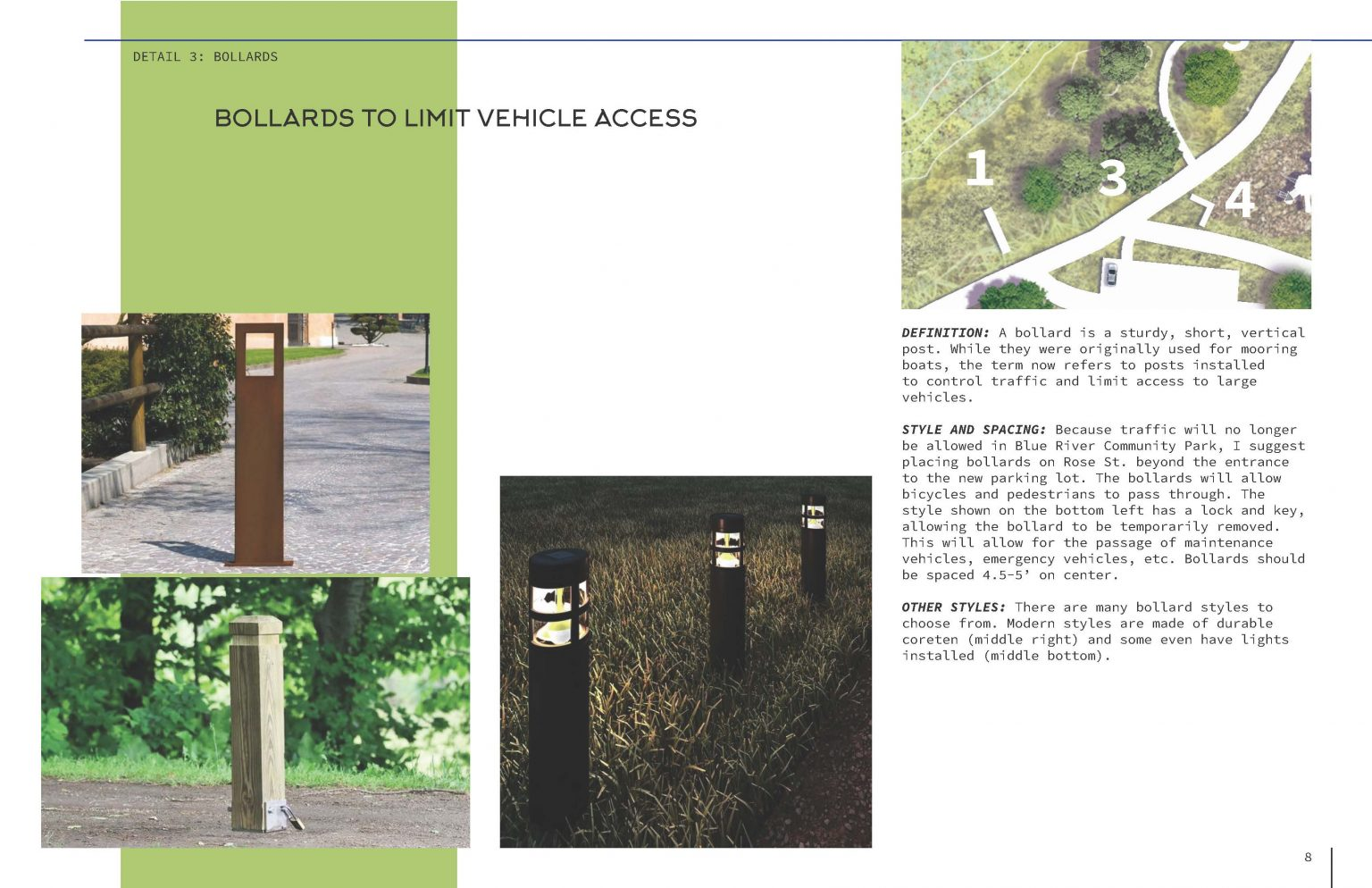 An excerpt from a document discussing "Bollards to limit vehicle access" with images and descriptions of different bollard styles.