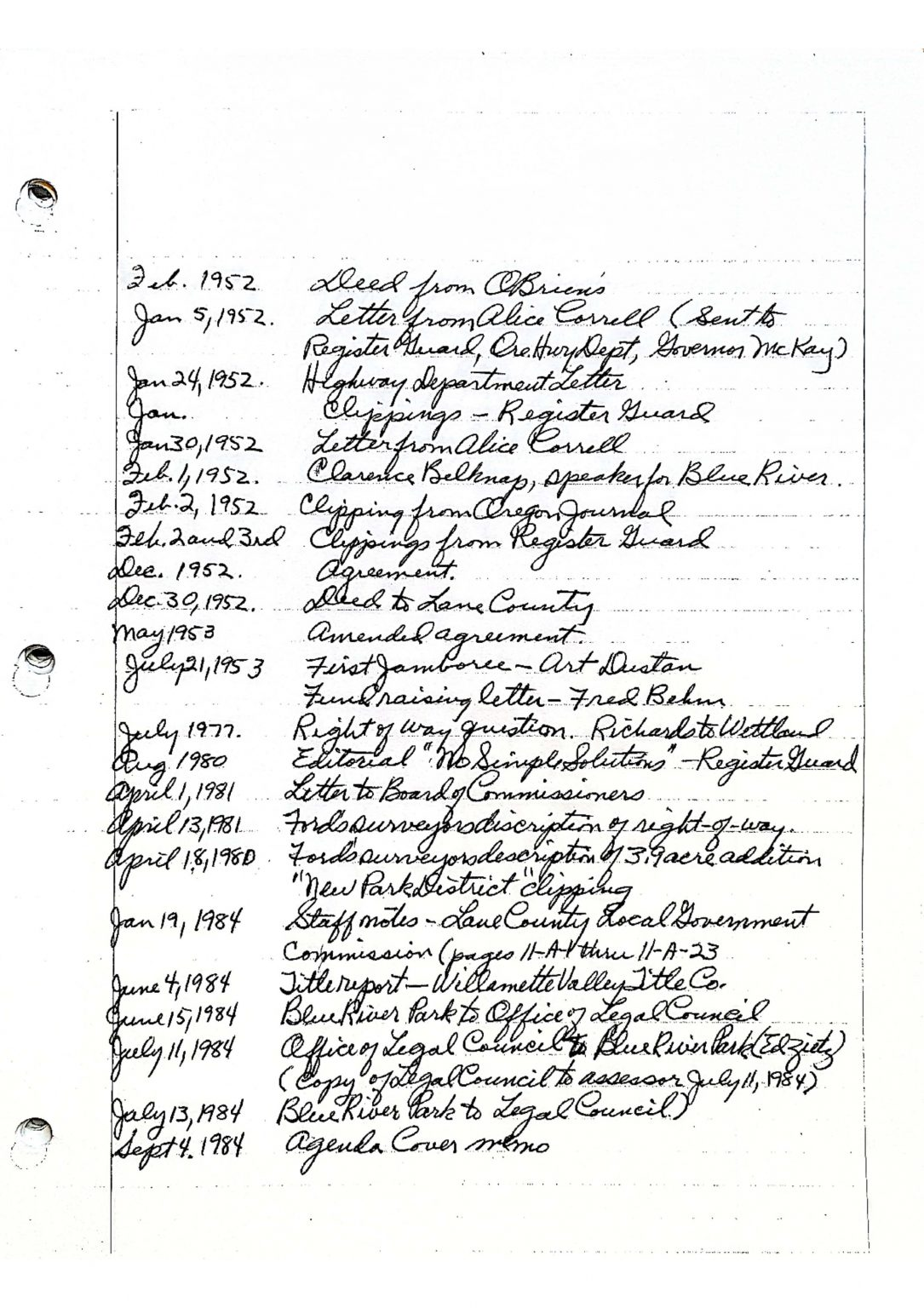 A handwritten list of dates and events or documents, possibly for archival or historical records.