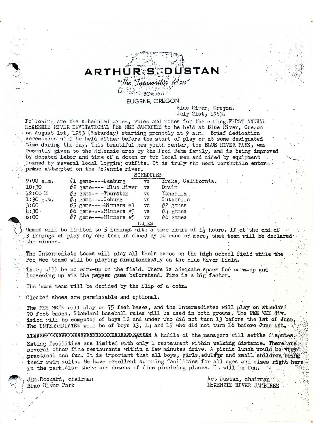 A faded document about the first annual McKenzie River Invitational Pee Wee Jamboree held in 1953, with game schedules, rules, and notes.