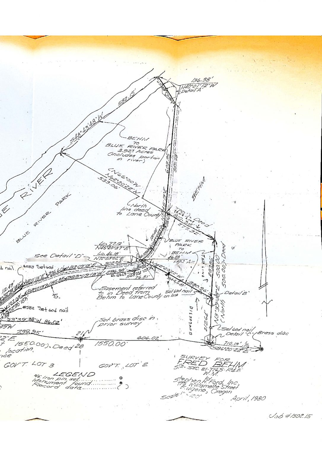 A hand-drawn map or survey sketch with measurements, labels, and a legend, possibly outlining land features or property boundaries.