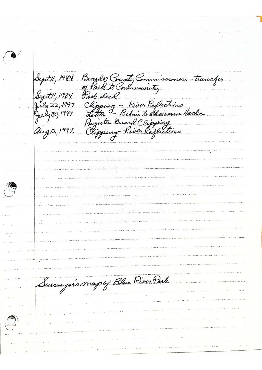 A handwritten list of dates and event descriptions, possibly record-keeping entries, including "Blue River Park."