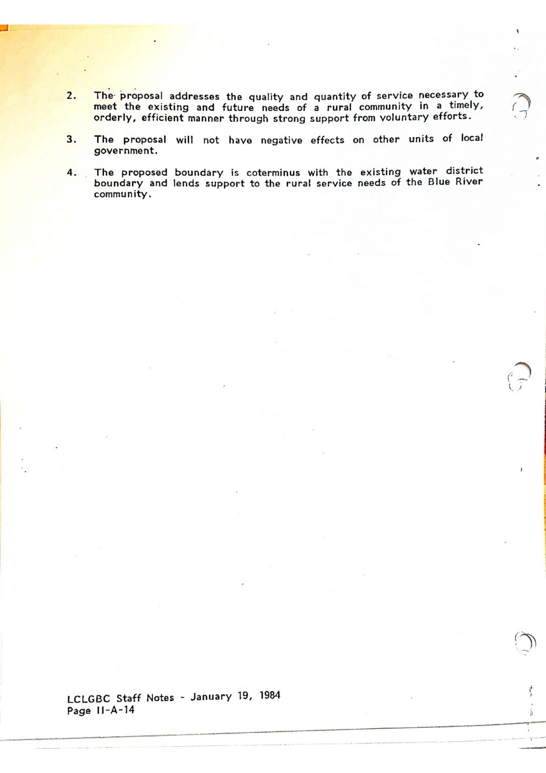 A scanned document with bullet points about a proposal addressing community service needs, lacking negative effects on local government, dated January 19, 1984.