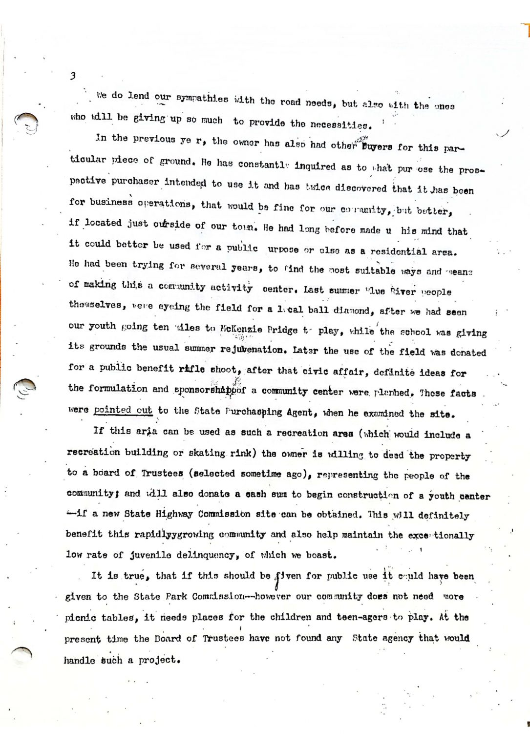 A typewritten document discussing community development and a recreation area proposal.