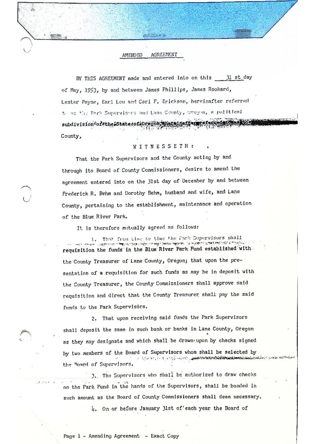 An amended agreement document involving park supervisors, funding for Blue River Park, with text redacted and pen markings.