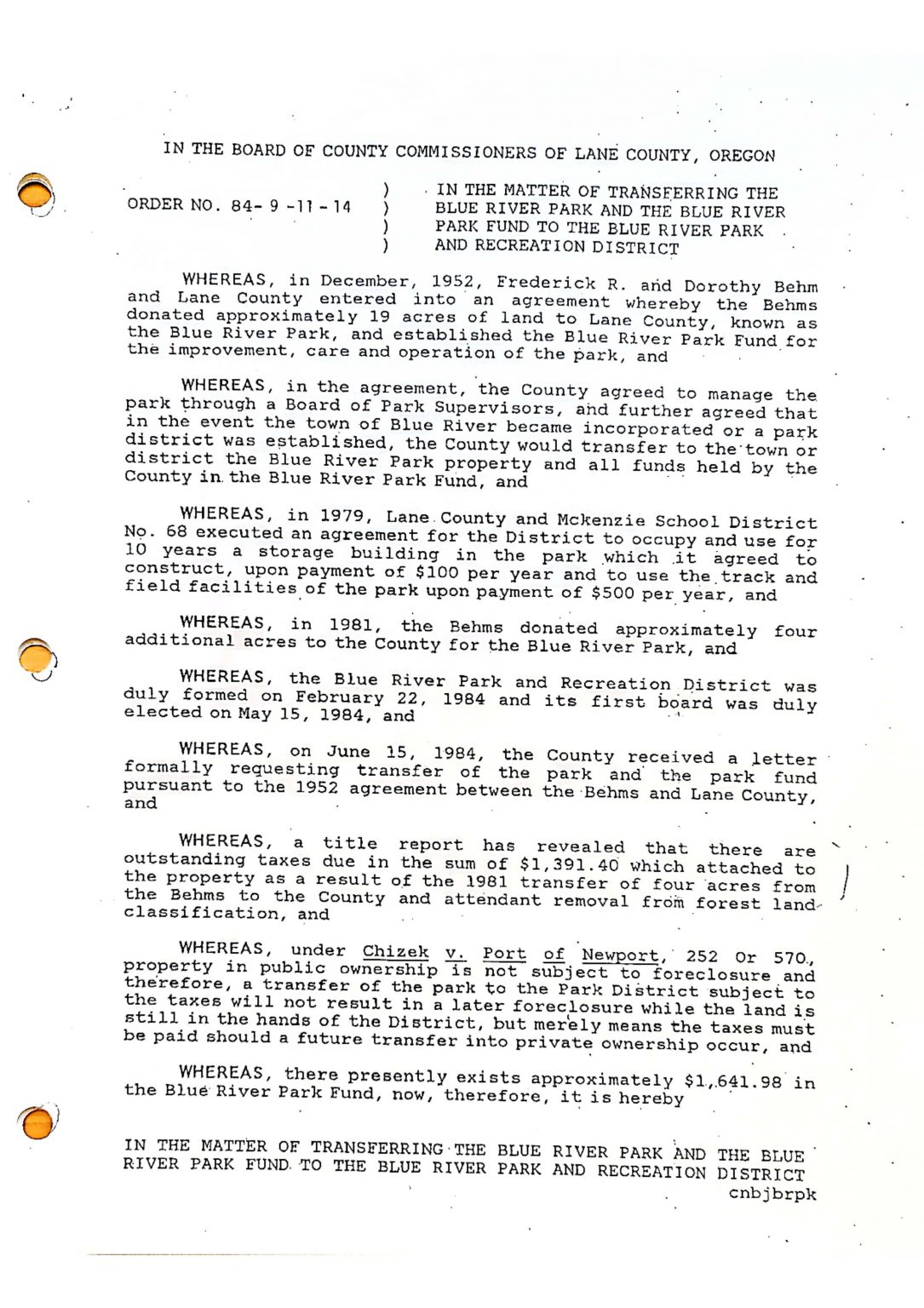 Document discussing transfer matters of Blue River Park and associated funds to Blue River Park and Recreation District.