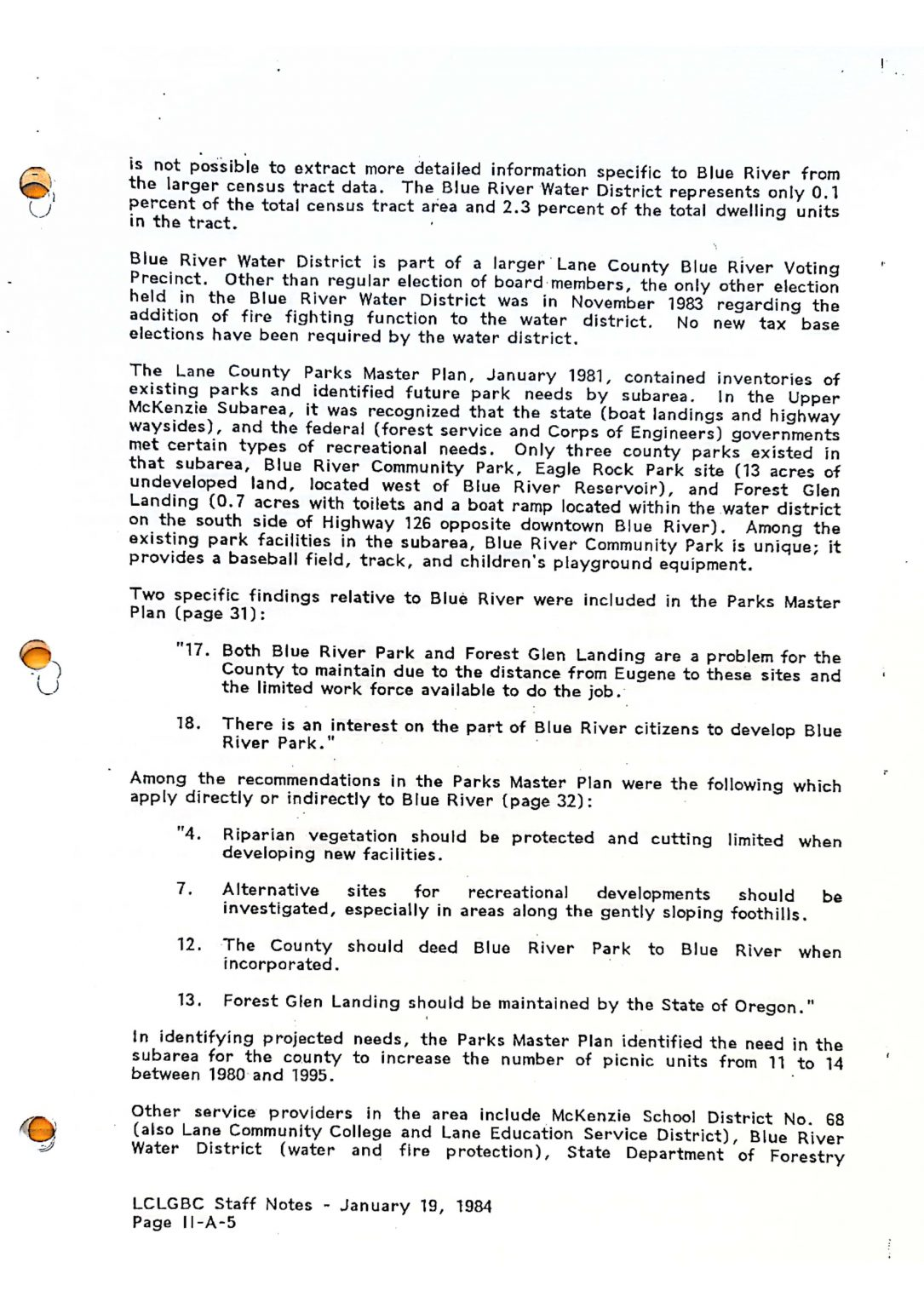 Text discussing Blue River Water District, park plans, and recommendations for facilities and vegetation protection.