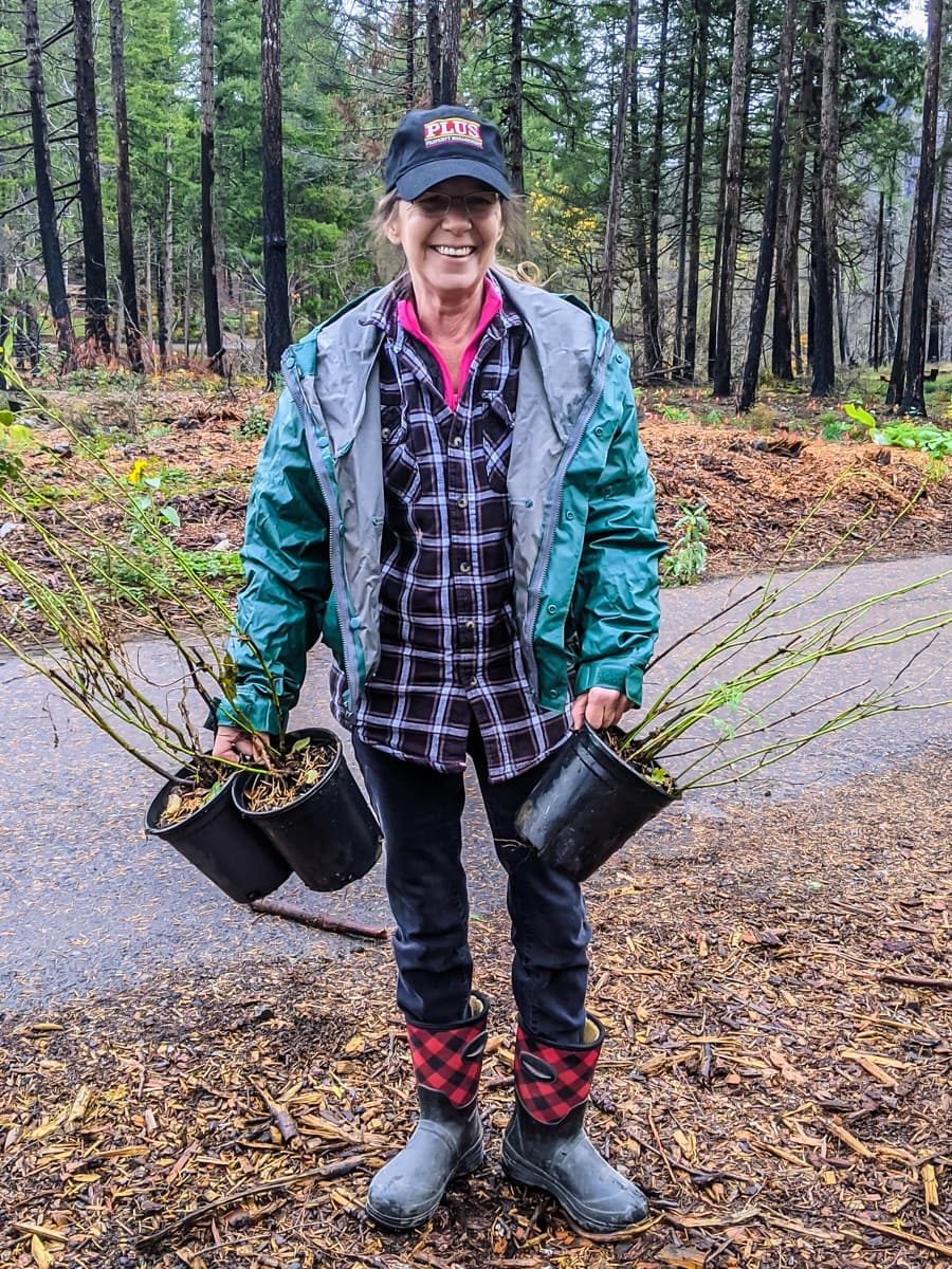 Smiling person in a cap, raincoat, and boots holding two potted plants in a forested area.