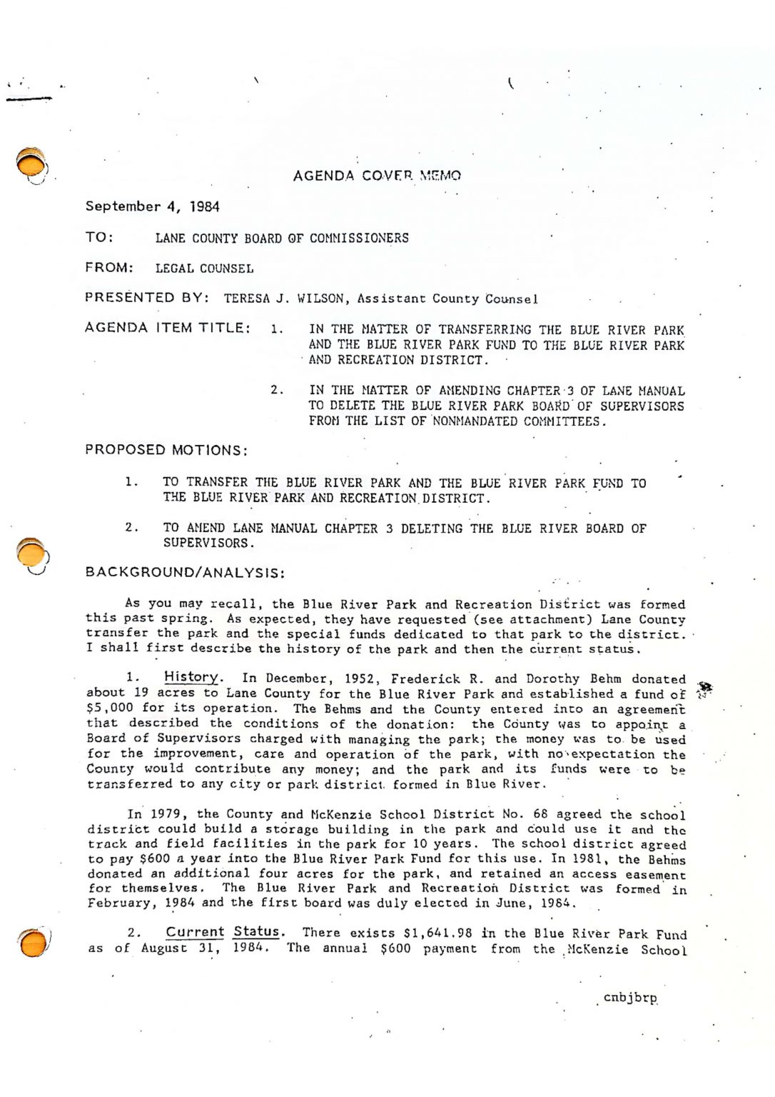 It's a document titled "AGENDA COVER MEMO" dated September 4, 1984, discussing matters related to Blue River Park and Recreation District.