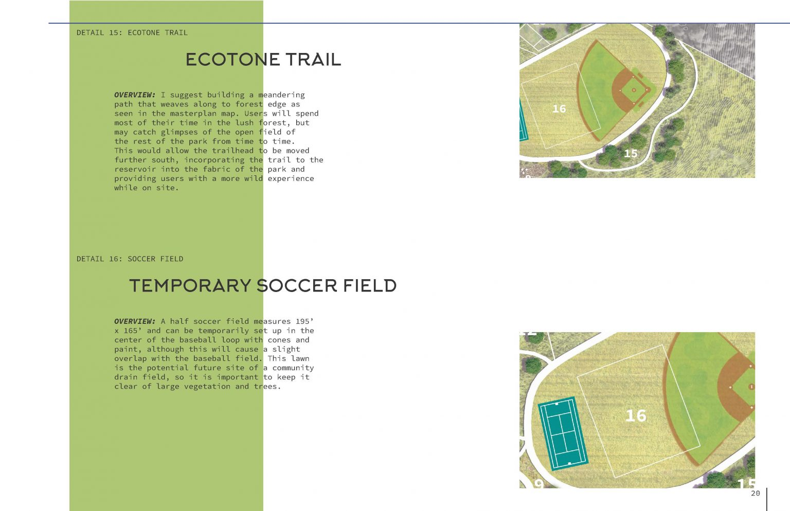 Design plan for an ecotone trail and temporary soccer field with maps and descriptions.