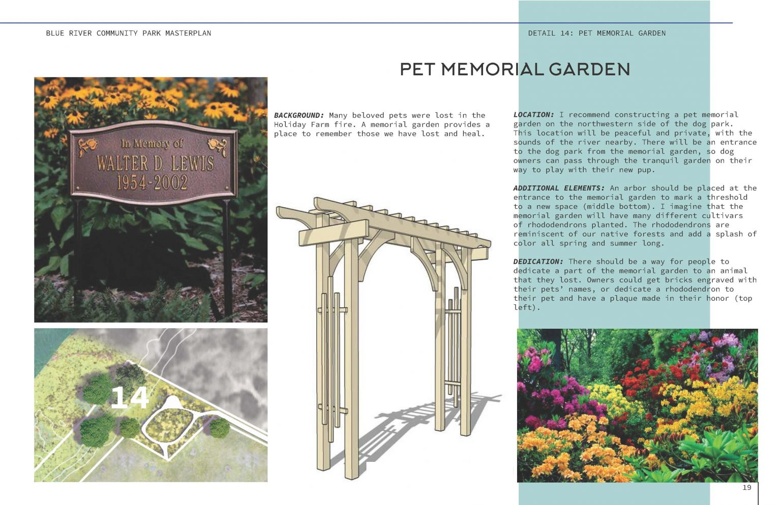 A plan for a Pet Memorial Garden with a plaque, arbor design, flowers, and location map.