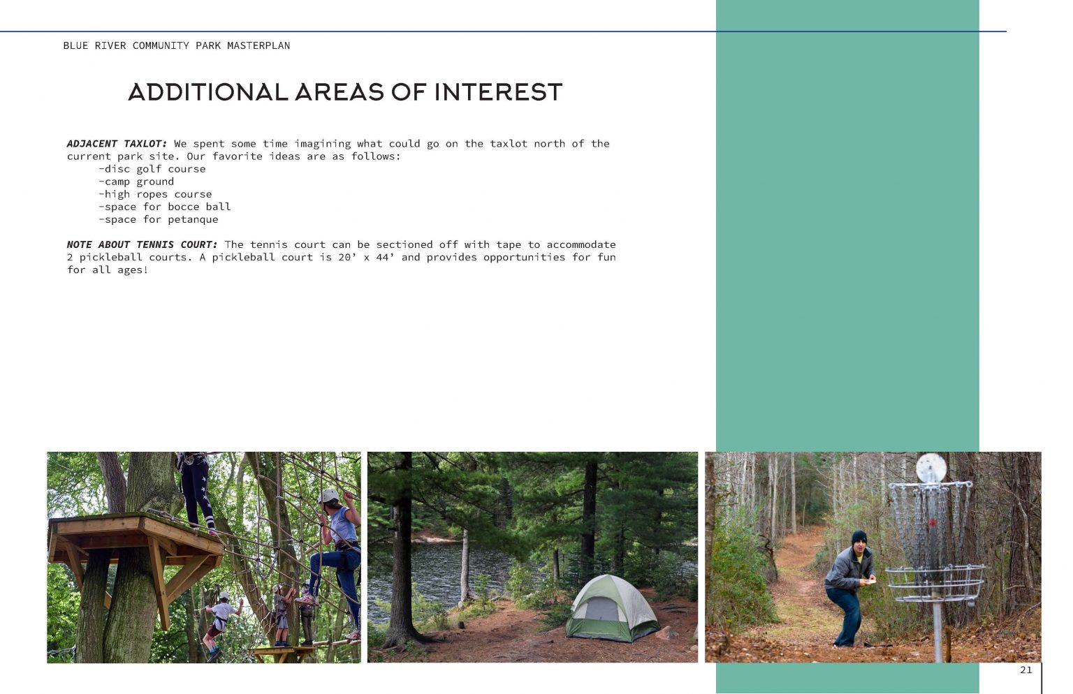 Text about a community park masterplan and photos of a high ropes course, a tent by a lake, and disc golf.