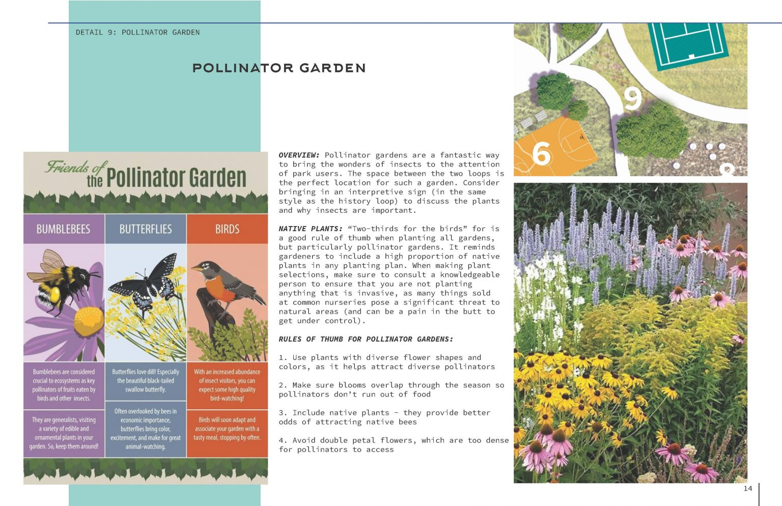 A brochure page on creating pollinator gardens, with tips, illustrations of bees and birds, and a photo of a garden.