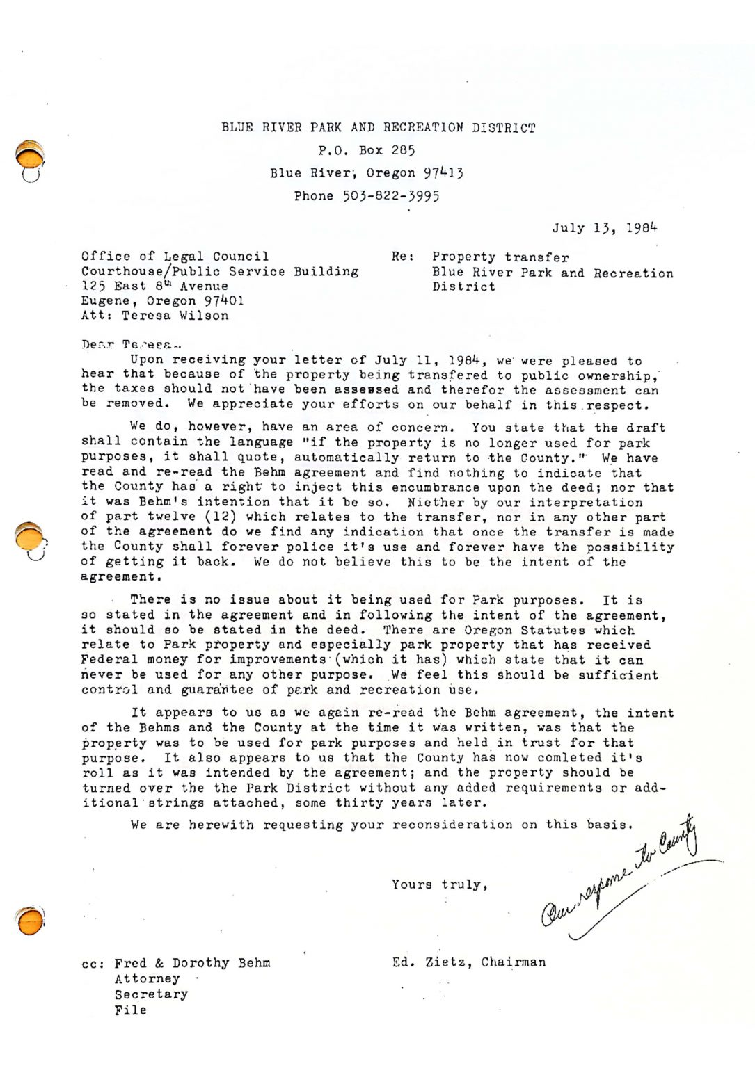 A typed letter concerning property transfer and related concerns from a park and recreation district, dated July 13, 1984.