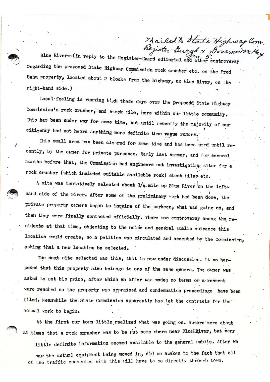 A typed document addressing controversy over a proposed State Highway Commission rock crusher near Blue River.