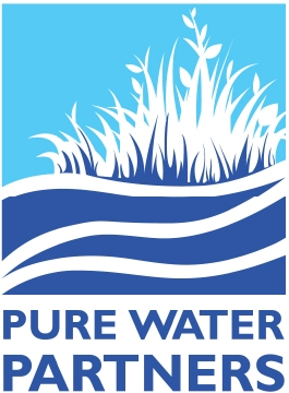 A blue and white logo featuring grass, water waves, and text "PURE WATER PARTNERS."