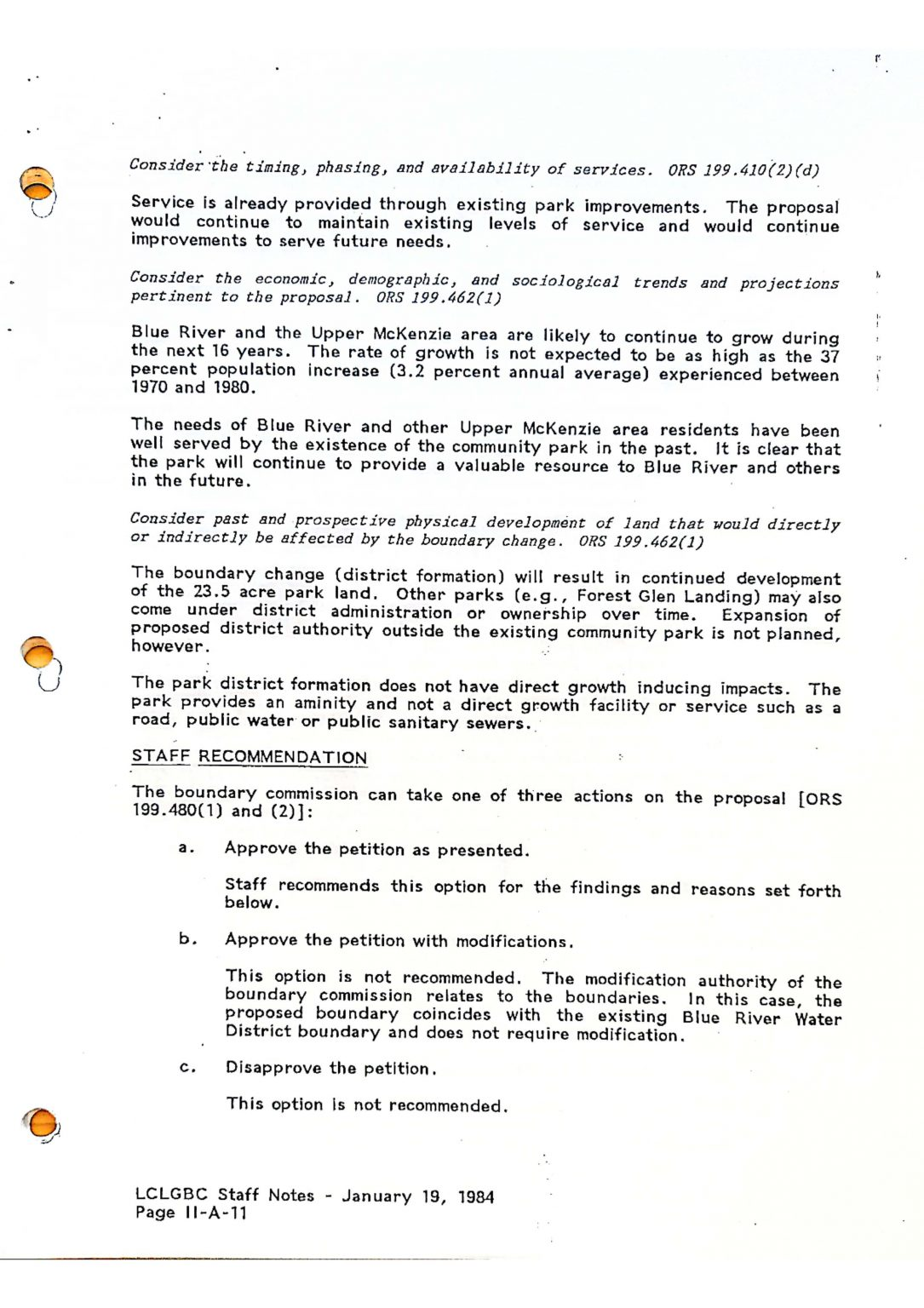 A document discussing service availability, growth projections, park land development, and recommendations for boundary commission action dated January 19, 1984.