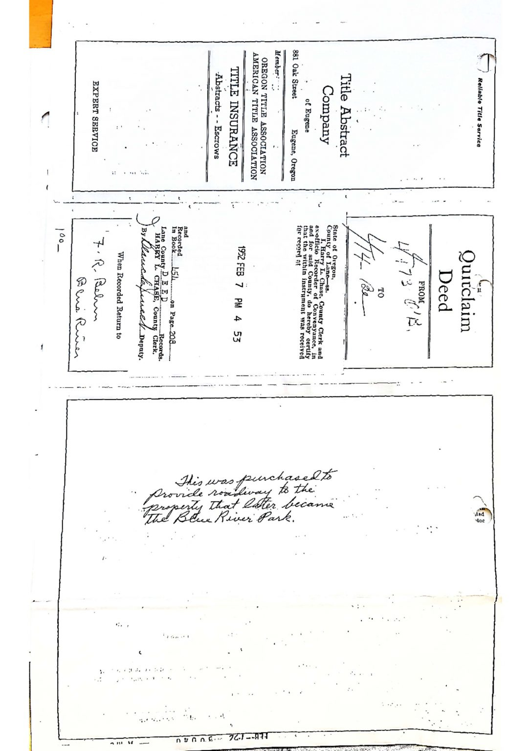 Scanned documents related to property, including a title abstract and handwritten note on access to Blue River Park.
