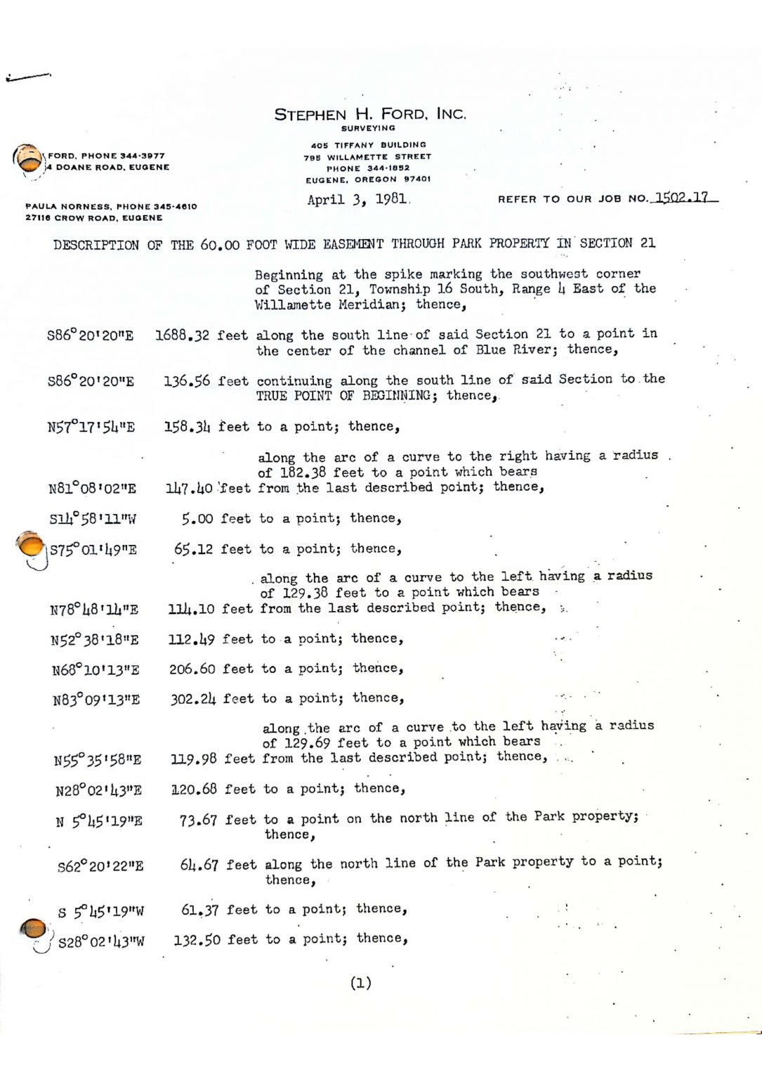 An easement description document with coordinates and distances for a property survey.