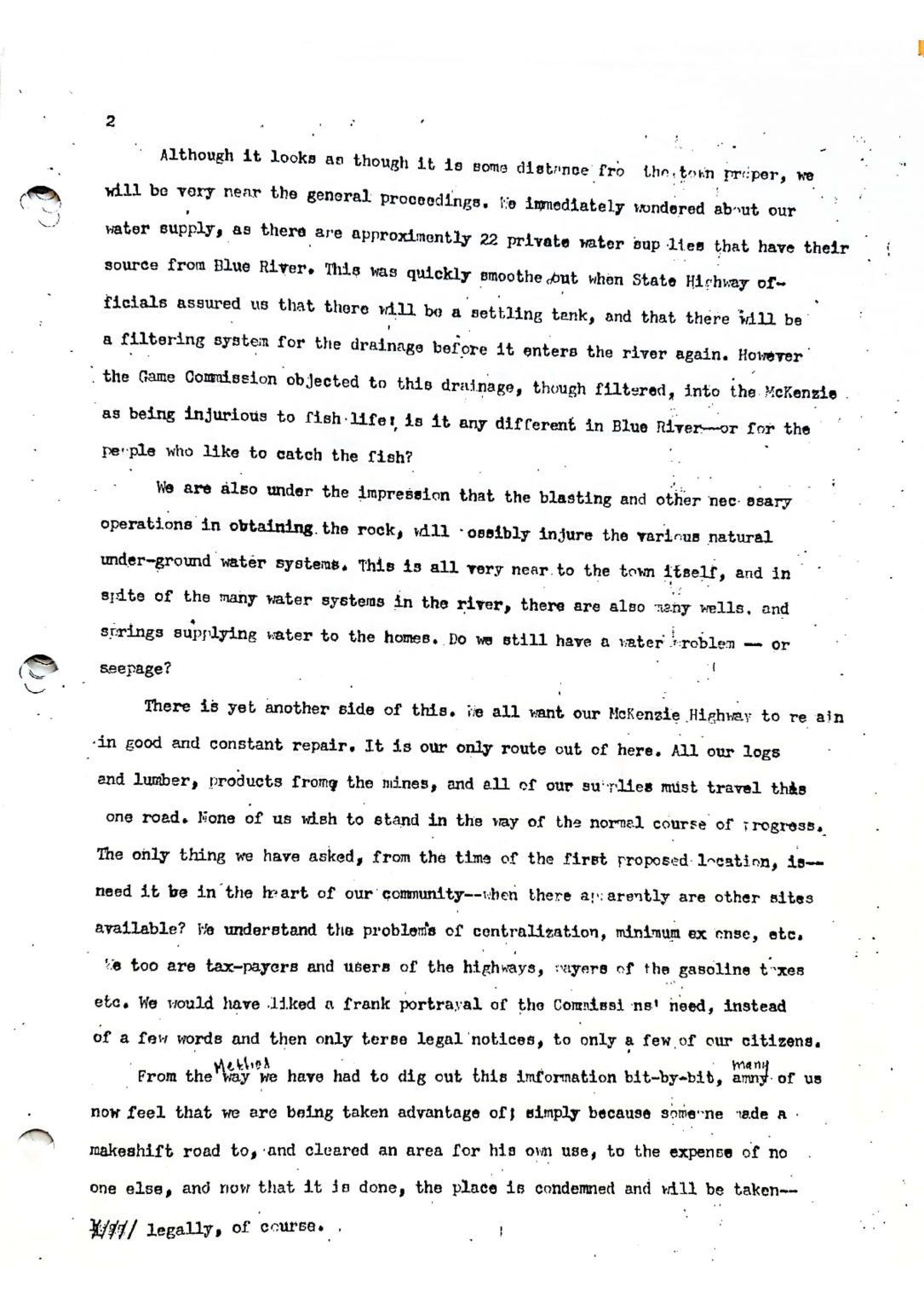 Typed document discussing concerns related to water supply, environmental impact, and infrastructure projects in a community.