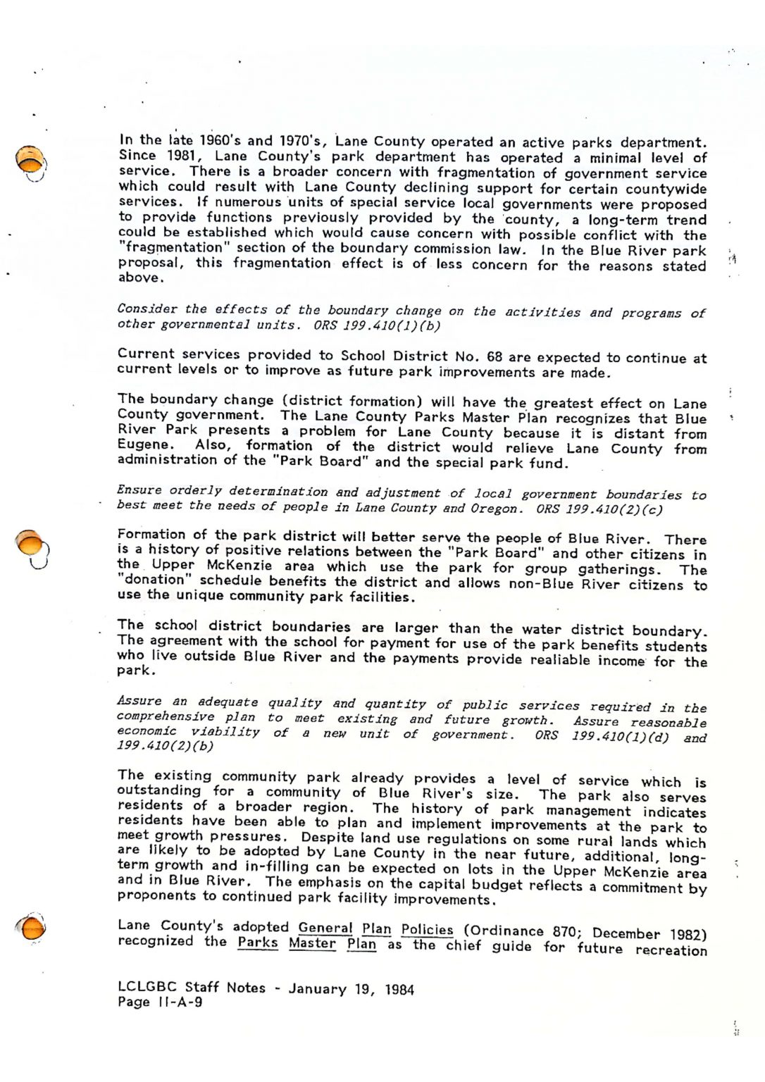 Document discussing Lane County park services, boundary changes, and community impact in Blue River, dated January 19, 1984.