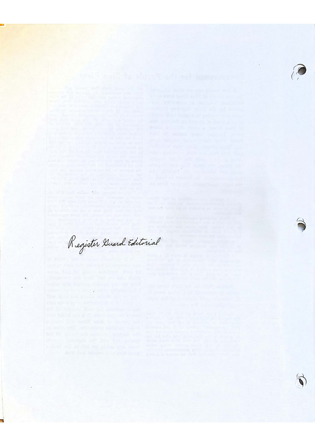 A printed document with faint text and "Register-Guard Editorial" in bold, with three-hole punches on the right side.