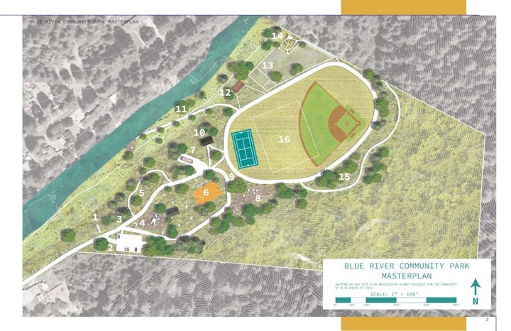The image is a master plan map of Blue River Community Park, detailing various facilities and areas for community use.