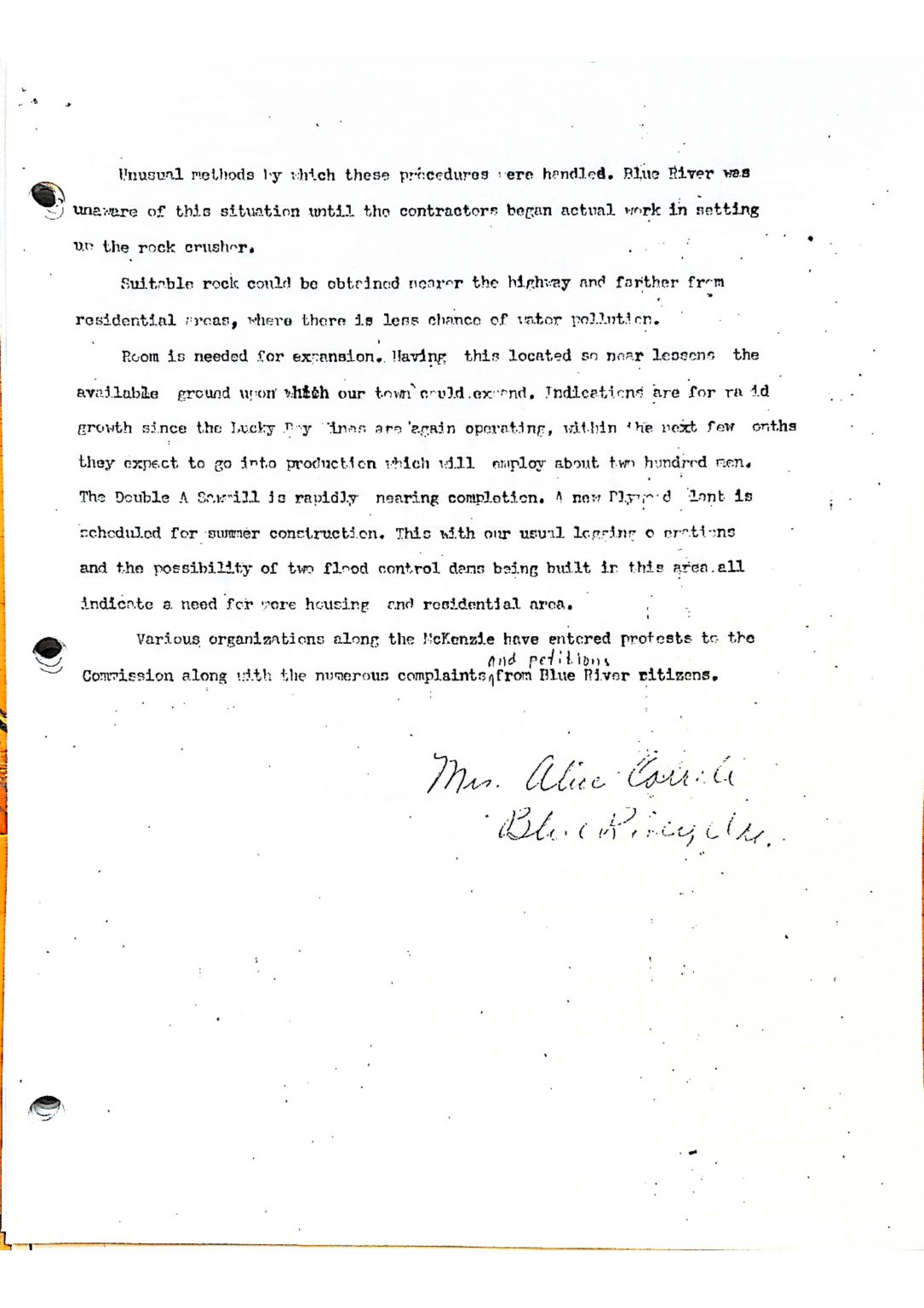 The image shows a typewritten letter with some text obscured, discussing construction activities and community growth.
