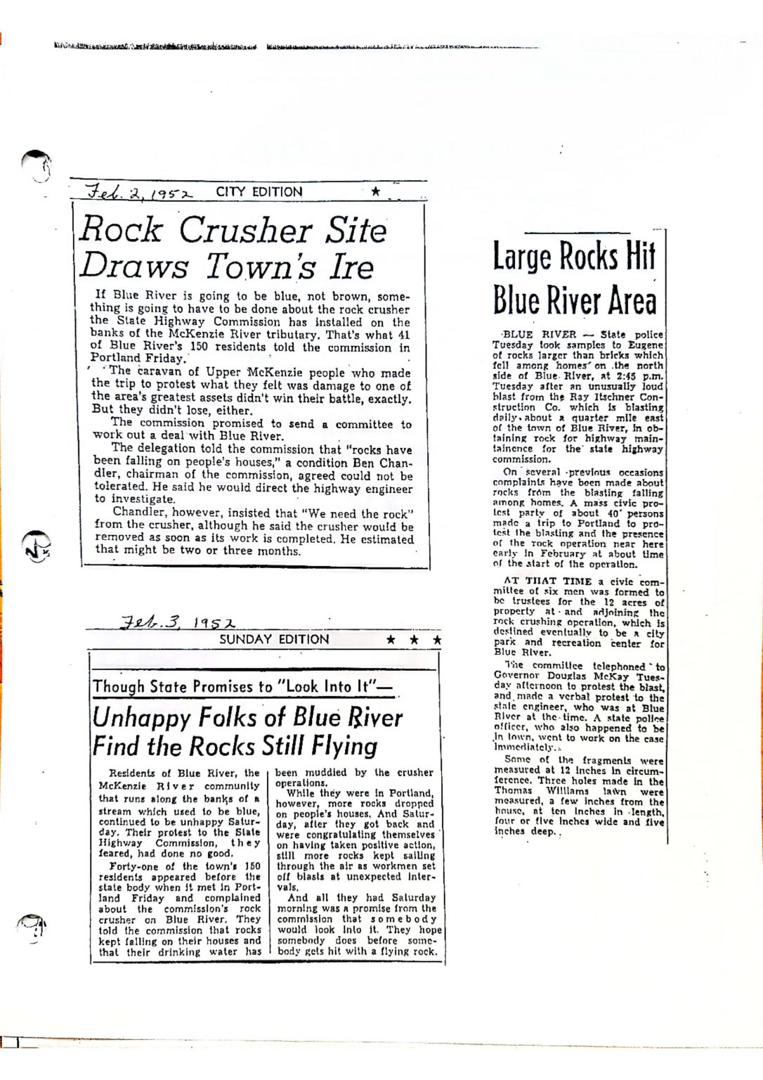 The image shows a newspaper article discussing local residents' concerns about a rock crusher and its impact on the Blue River area.