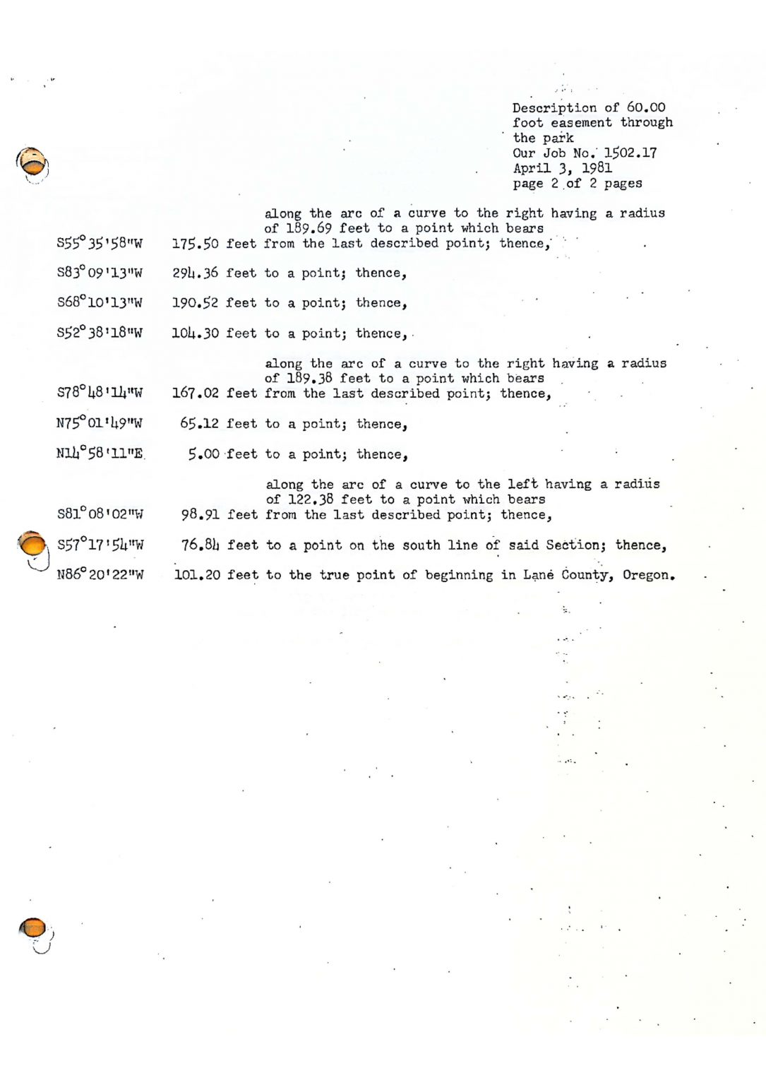 A document describing directional measurements and distance points for a 60-foot easement in Lane County, Oregon.