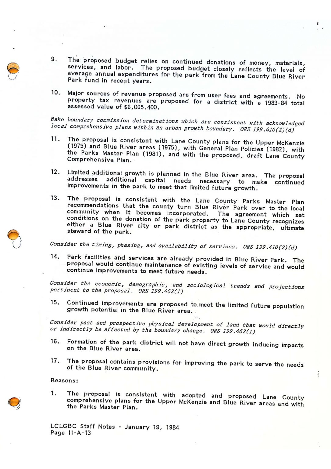 Document discussing budget and planning for Blue River Park, dated January 19, 1984.