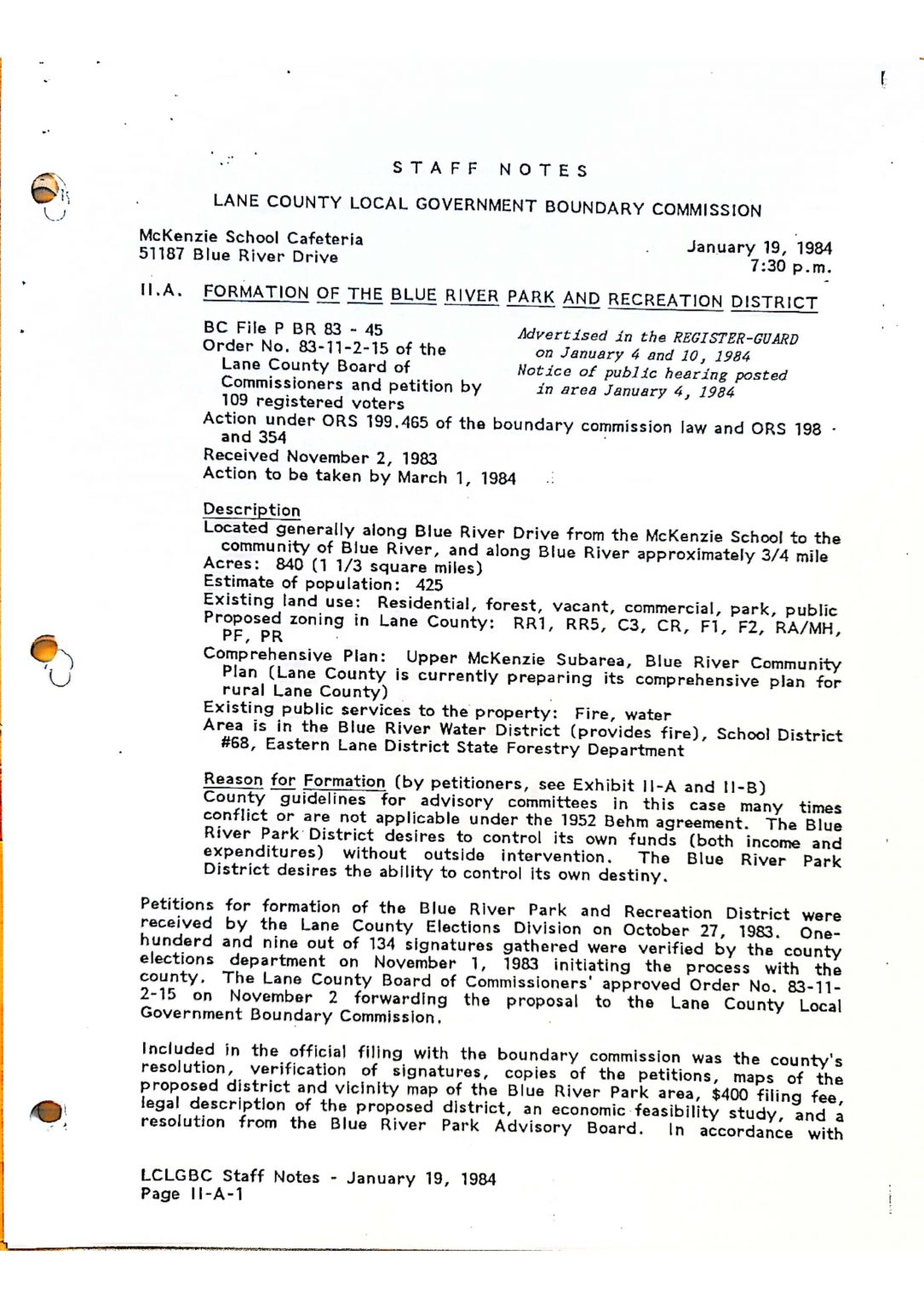 Document discussing the formation of the Blue River Park and Recreation District in Lane County, dated January 19, 1984.