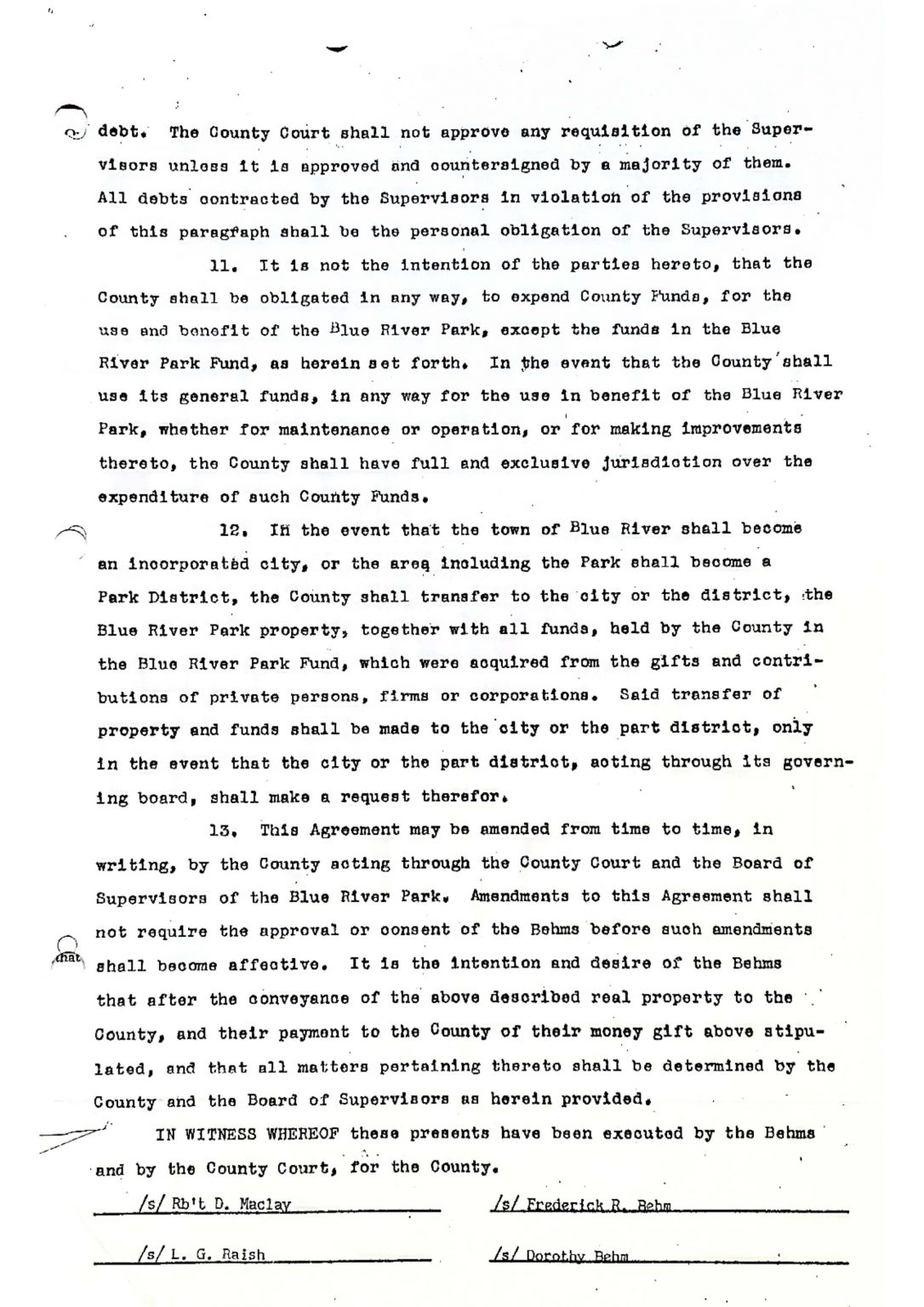 A document with text regarding Blue River Park funds, agreements, and amendments, signed by multiple parties.
