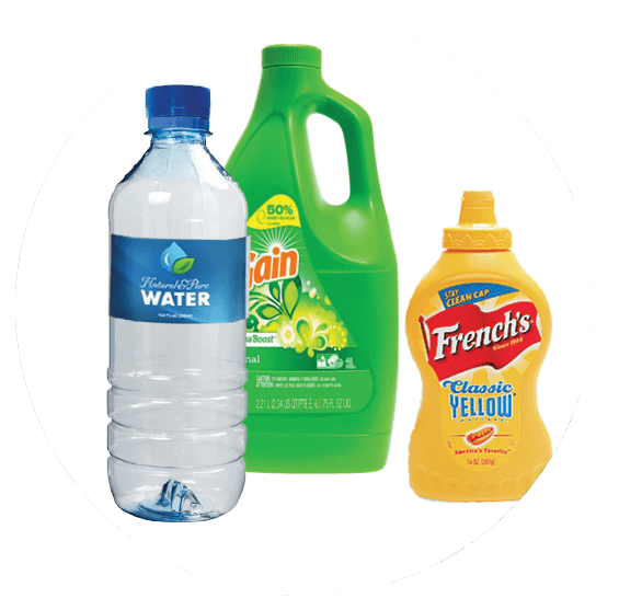 A plastic water bottle, a green detergent bottle, and a bottle of yellow mustard.