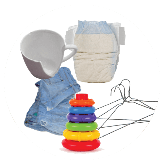 A diaper, broken cup, denim shorts, colorful ring toy, and wire hangers.