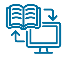 An icon showing a book and a computer monitor with arrows, symbolizing data transfer or digital learning.