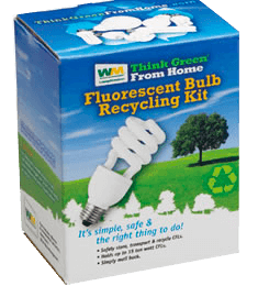 Fluorescent bulb recycling kit box with eco-friendly messaging and a green tree graphic.
